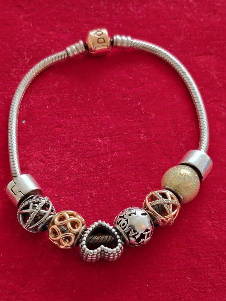 Pandora zilver en gouden armband, Sieraden, Tassen en Uiterlijk, Armbanden, Ophalen of Verzenden, Zo goed als nieuw, Goud, Zilver
