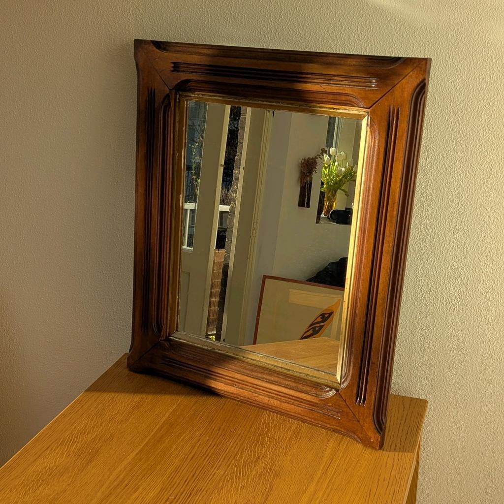 Belgische Art Deco spiegel, houtsnijwerk / mirror wood 1940, Ophalen, Rechthoekig, 50 tot 100 cm, Minder dan 100 cm