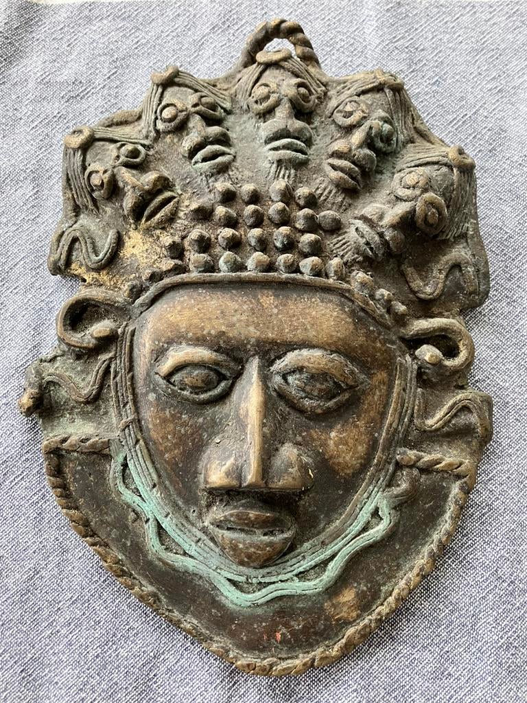 Vintage messing brons Afrikaans Benin masker Afrika nigeria, Ophalen of Verzenden