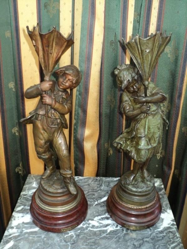 2 zamak kinderen met paraplu, Ophalen, Klassiek, Brons, Beeld