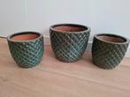 3 grote bloempotten - groen, Tuin en Terras, Bloempotten, Ophalen, Rond, Aardewerk, Minder dan 40 cm