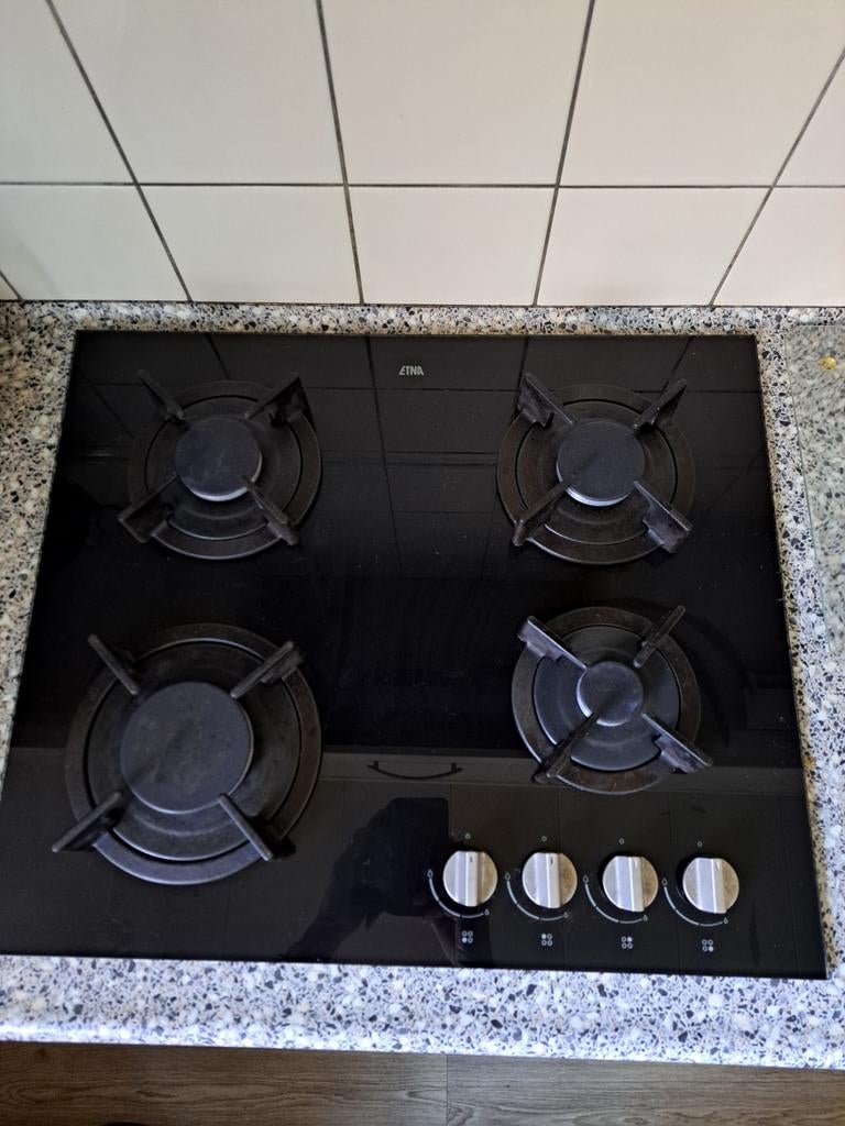 Nette Etna glas-gaskookplaat (4 pits; zwart), Ophalen, Inbouw, Gas, 4 kookzones