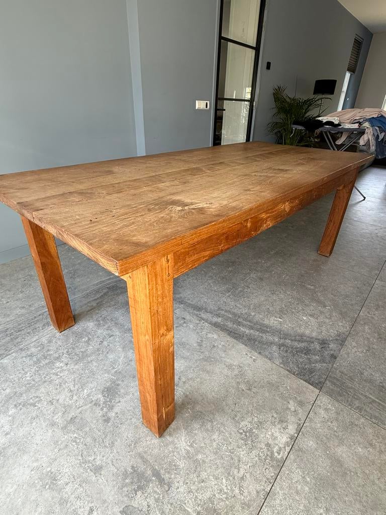 Massief teakhouten eettafel, 100 x 220 cm, 200 cm of meer, Zo goed als nieuw, Rechthoekig, 50 tot 100 cm
