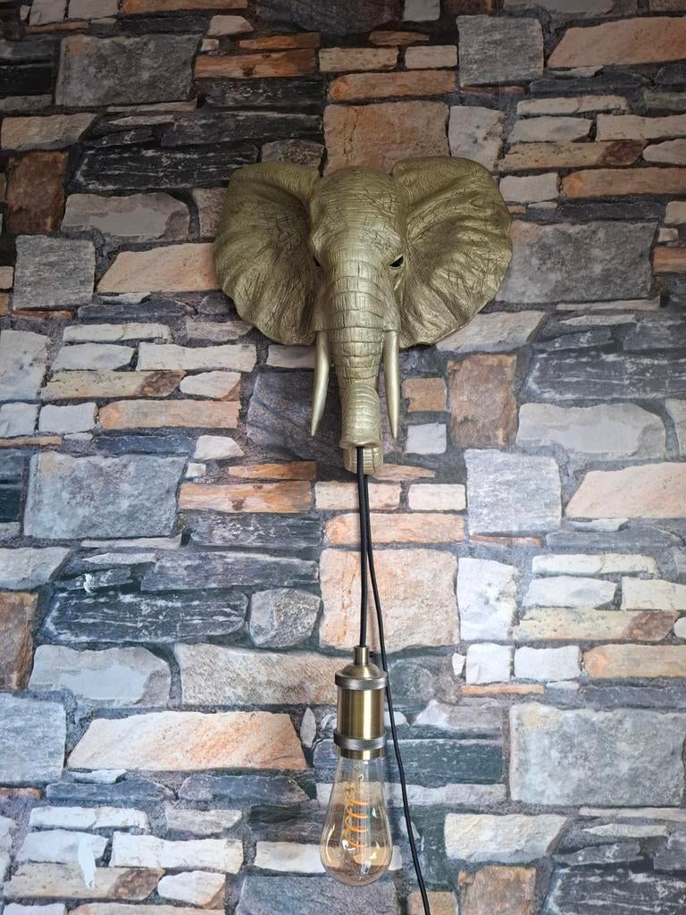Unieke olifanten wandlamp - Goudkleurig, Huis en Inrichting, Lampen | Wandlampen, Ophalen of Verzenden, Gebruikt, Overige materialen