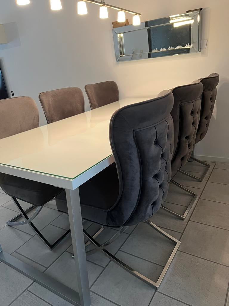 Luxe eethoek- tafel met glasplaat inclussief 6 stoelen, 200 cm of meer, Zo goed als nieuw, Vijf personen of meer, Rechthoekig
