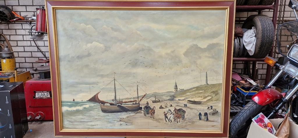 Schilderij strandgezicht met boten en mensen, Ophalen