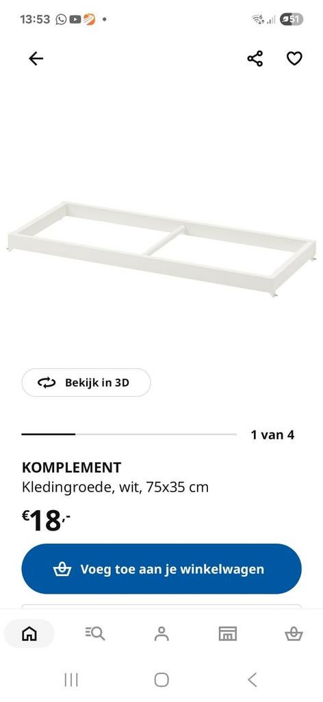 1 IKEA Komplement Kledingroede Wit - Nieuw in verpakking, Ophalen, Minder dan 50 cm, Nieuw, Minder dan 25 cm