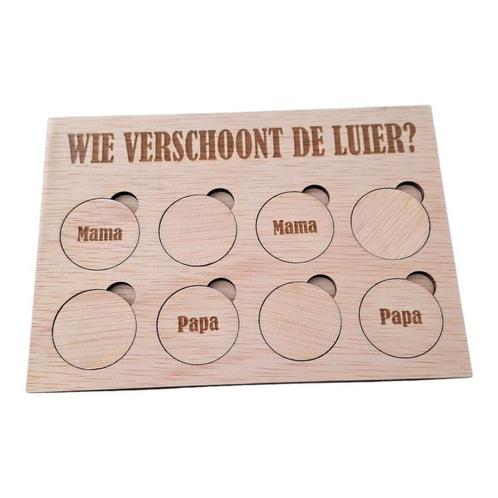 Houten kaart, wie verschoont de luier?, Hobby en Vrije tijd, Kaarten | Zelfgemaakt, Nieuw, Overige thema's, Ophalen of Verzenden