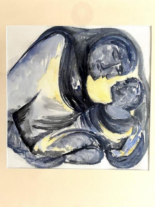 Moeder met kind - Aquarel - Ingelijst, Antiek en Kunst, Kunst | Schilderijen | Klassiek, Ophalen of Verzenden