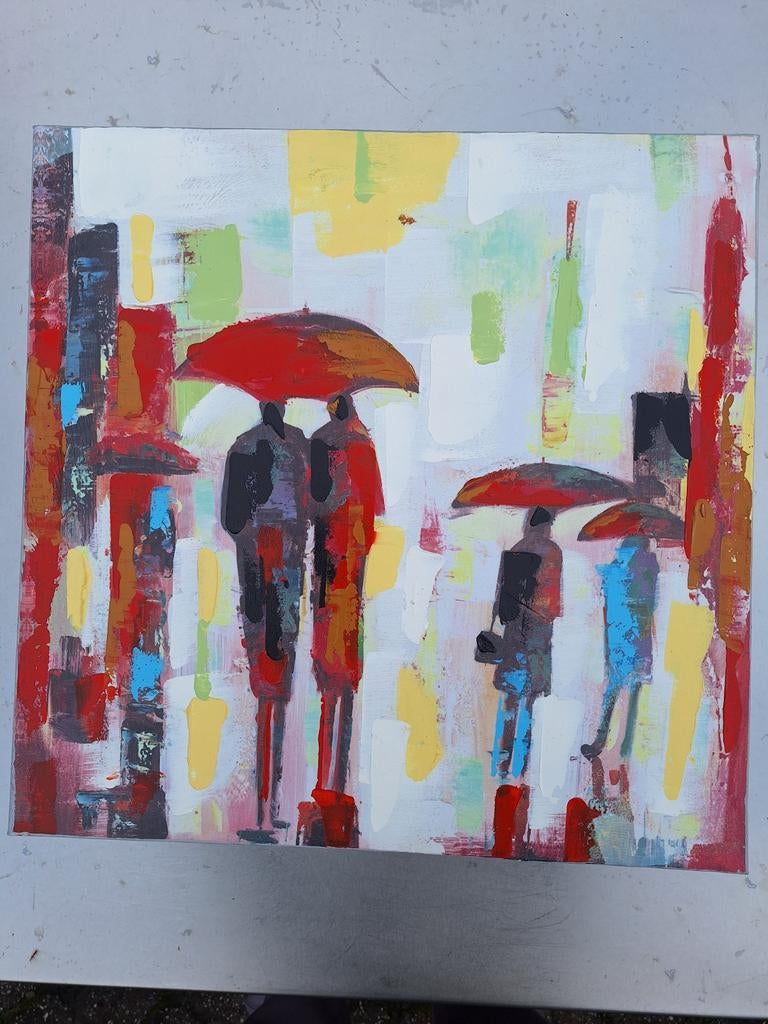 Schilderij mensen paraplu's. DALEN,DRENTHE, Antiek en Kunst, Kunst | Litho's en Zeefdrukken, Ophalen of Verzenden