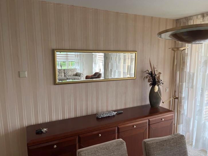 Lange Rechthoekige Spiegel met Gouden Rand, Huis en Inrichting, Woonaccessoires | Spiegels, Zo goed als nieuw, 125 cm of meer