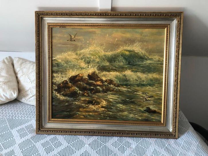 Klassiek Schilderij J.W. van Tririum - Woeste Zee, Antiek en Kunst, Kunst | Schilderijen | Klassiek, Ophalen of Verzenden