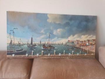 Groot schilderij Haven Volendam Prachtig werk J. Broeken beschikbaar voor biedingen