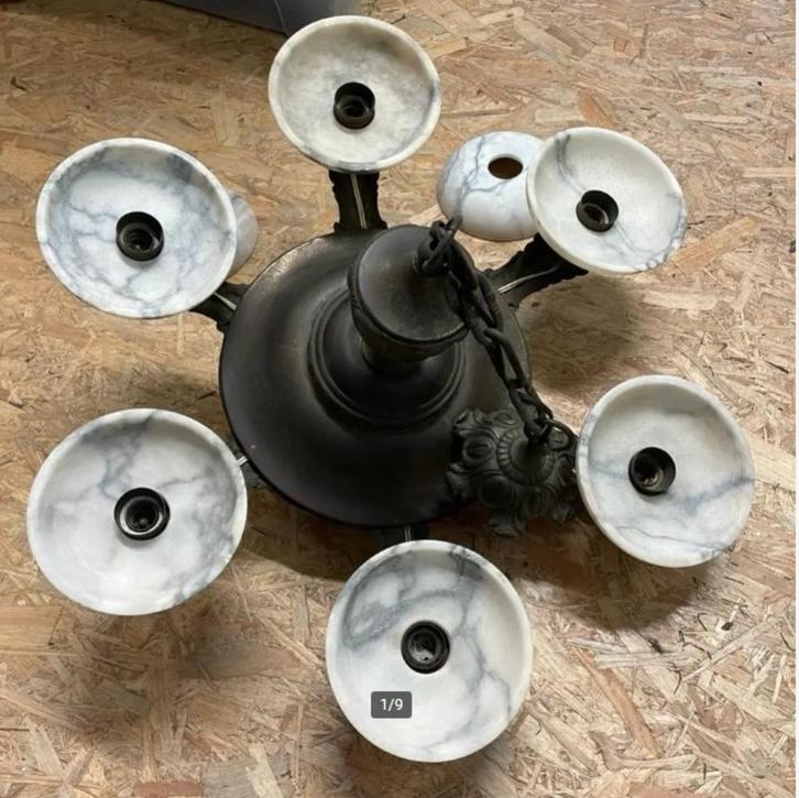 grote vintage kroonluchter - heel bijzonder !!! smeedijzer, Huis en Inrichting, Lampen | Kroonluchters, Gebruikt, Glas, Metaal