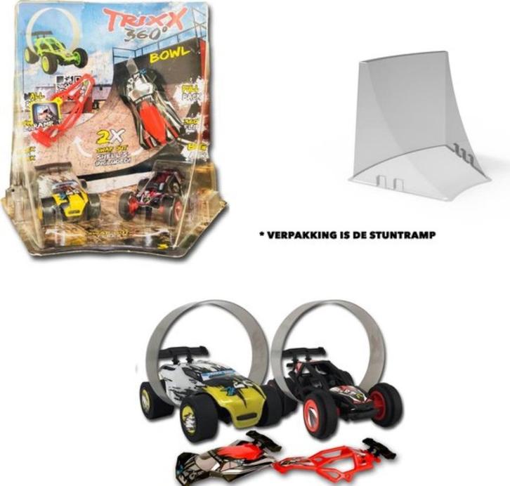 Trixx 360  2 stuntcars (zwart/geel) incl. Stuntramp bocht, Kinderen en Baby's, Speelgoed | Speelgoedvoertuigen, Zo goed als nieuw