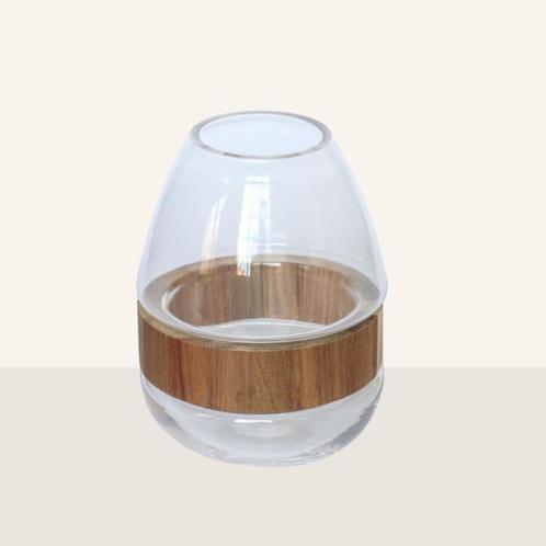 Vaas, glas met hout - NIEUW in doos, Huis en Inrichting, Woonaccessoires | Vazen, Nieuw, Overige kleuren, Minder dan 50 cm, Glas