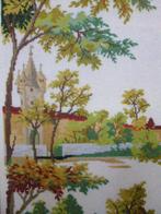 Geborduurd schilderij landschap kasteel brocante handgemaakt, Ophalen of Verzenden, Zo goed als nieuw