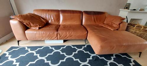Bank cognac leer, Huis en Inrichting, Banken | Complete zithoeken, Gebruikt, Leer, Ophalen