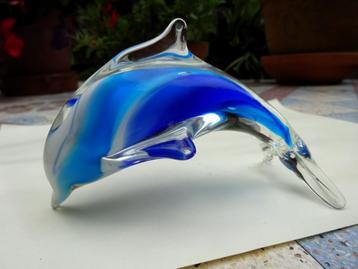 Blauw wit doorzichtig massief glazen Dofijn +/- 12 x 5 cm    beschikbaar voor biedingen