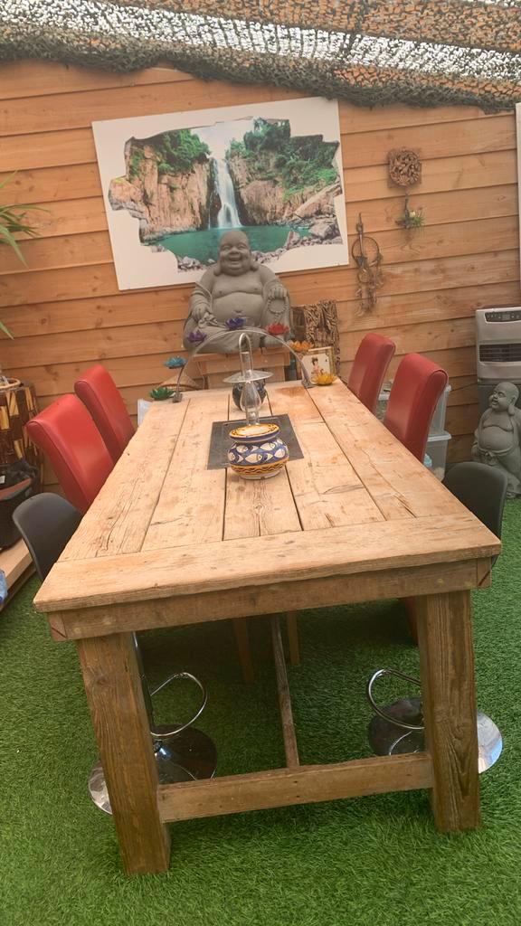 Houtentafel met kachel, Tuin en Terras, Tuinsets en Loungesets, Gebruikt, Steigerhout, 6 zitplaatsen, Eettafel, Ophalen of Verzenden