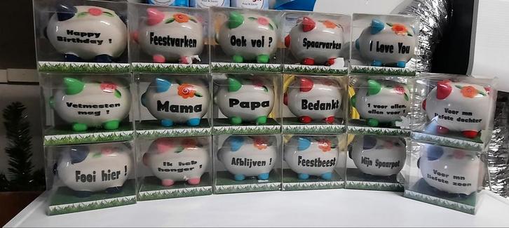 Spaarpotjes varken met tekst 44 stuks, Verzamelen, Spaarpotten, Nieuw, Dier, Steen, Aardewerk of Keramiek, Ophalen