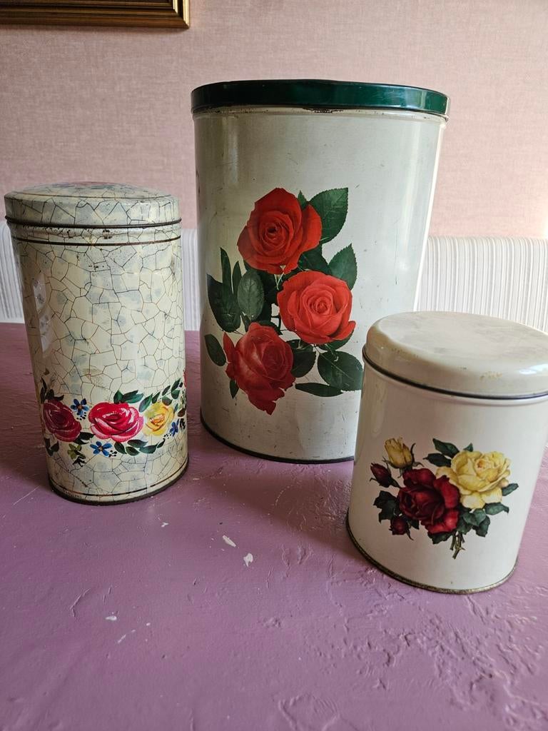 Vintage Brocante Blikken met Bloemen, Ophalen of Verzenden
