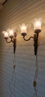 Set van 2 Franse messing wandlampen - tweearmig, Gebruikt, Ophalen of Verzenden, Glas, Onbekend