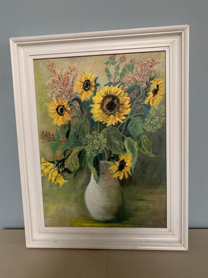 Schilderij verf op board zonnebloemen vaas gesigneerd, Antiek en Kunst, Kunst | Schilderijen | Klassiek, Ophalen of Verzenden