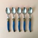 5 Franse Laguiole lepels blauw gemarmerd kunststof + messing, Ophalen of Verzenden, Gebruikt, Rvs of Chroom, Los bestek