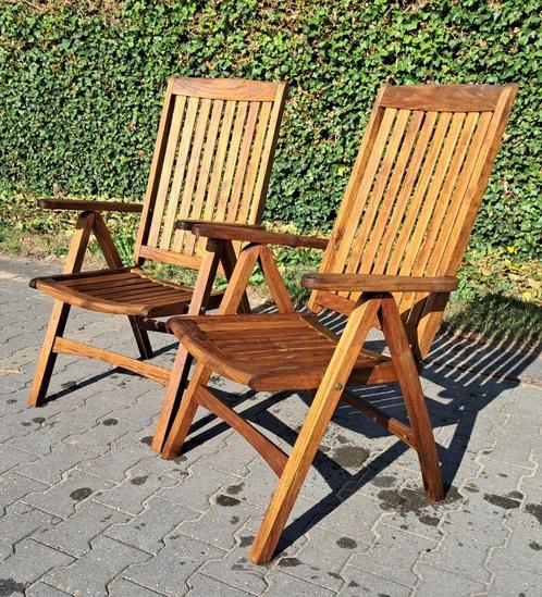 2 Allure teakhouten standenstoelen rvs beslag, inklapbaar, Tuin en Terras, Tuinstoelen, Gebruikt, Teakhout, Inklapbaar, Verstelbaar