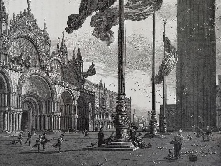 Originele houtgravure 1877 – Basiliek San Marcoplein Venetie, Antiek en Kunst, Kunst | Etsen en Gravures, Verzenden