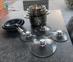 Pannenset 3x koekenpan 4x kookpan, Huis en Inrichting, Keuken | Potten en Pannen, Ophalen, Gebruikt, Rvs, Pannenset