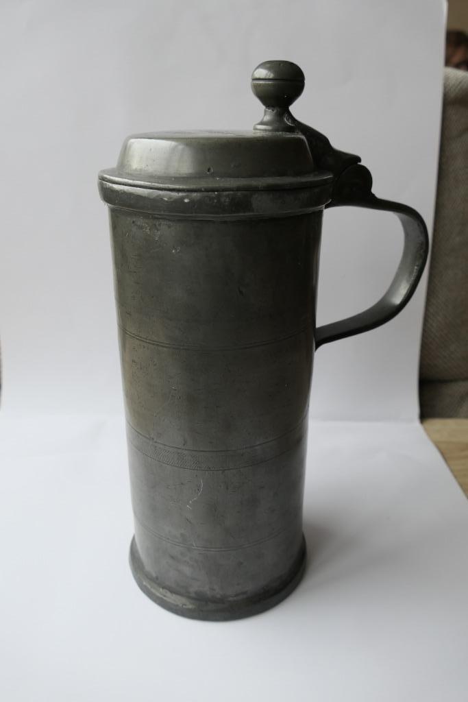 Antieke tinnen bierpul met deksel (gegraveerd, 1851), Antiek en Kunst, Antiek | Keramiek en Aardewerk, Ophalen of Verzenden