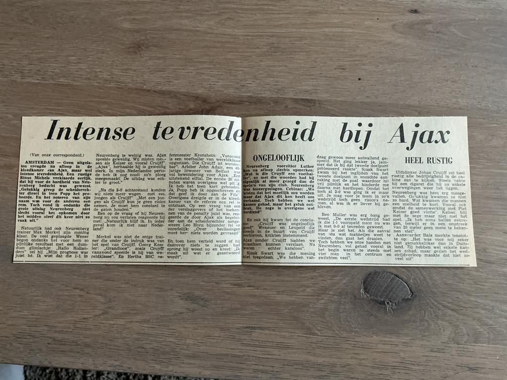 Voetbal krantenartikel Ajax FC Nürnberg oktober 1968 *, Ophalen of Verzenden, 1960 tot 1980, Knipsel(s)