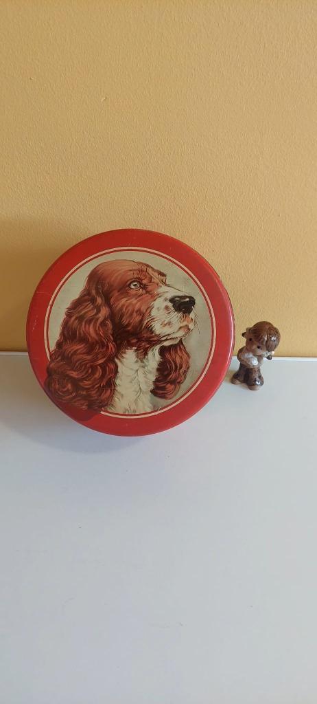 Vintage Lonka Ierse Setter koektrommel blik koek trommel, Verzamelen, Blikken, Gebruikt, Koek(jes), Overige merken, Ophalen of Verzenden