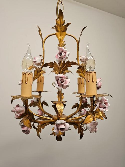 Antieke Franse kroonluchter met 20 porseleinen bloemen lamp, Antiek en Kunst, Antiek | Lampen, Ophalen of Verzenden