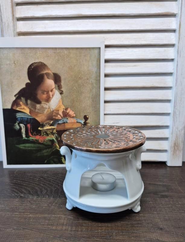 Porseleinen vintage theelichtje, koperen top, Antiek en Kunst, Antiek | Porselein, Ophalen of Verzenden