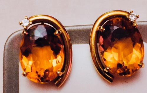 Massieve gouden oorclips met Madeira citrien en diamanten, Sieraden, Tassen en Uiterlijk, Oorbellen, Zo goed als nieuw, Goud, Goud