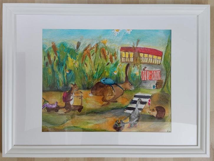Origineel Schilderij: Dieren naar School kinderkamer, Antiek en Kunst, Kunst | Tekeningen en Foto's, Ophalen of Verzenden
