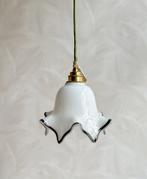 Vintage hanglampje zwart melkwit glas olijfgroen snoer, Ophalen of Verzenden