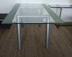 Glazen design eettafel met stalen frame, Ophalen, 100 tot 150 cm, Design, Zo goed als nieuw