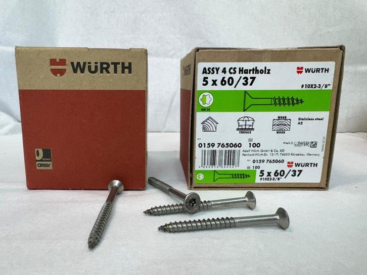 Hardhoutschroeven RVS grote partij Würth 5x60/37 100 stuks, Doe-het-zelf en Verbouw, IJzerwaren en Bevestigingsmiddelen, Nieuw