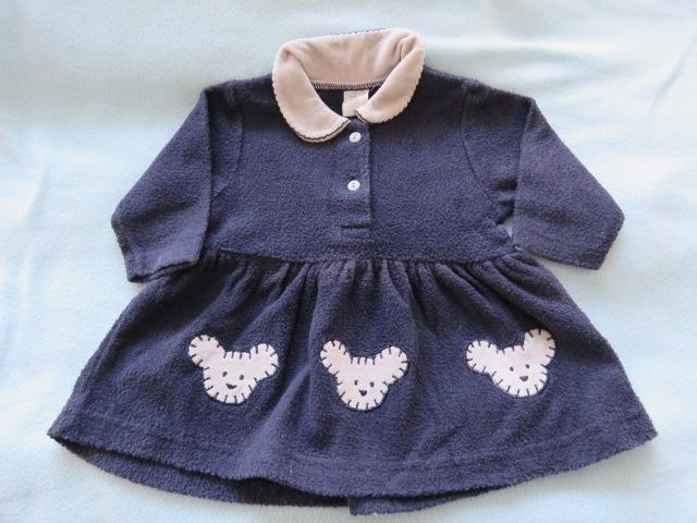 Donkerblauw fleecejurkje met fluwelen kraag en beertjes 68, Kinderen en Baby's, Babykleding | Maat 68, Zo goed als nieuw, Meisje