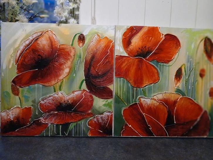 Klaprozen 2-luik, handgeschilderd met certificaat, Huis en Inrichting, Woonaccessoires | Schilderijen, Tekeningen en Foto's, Schilderij