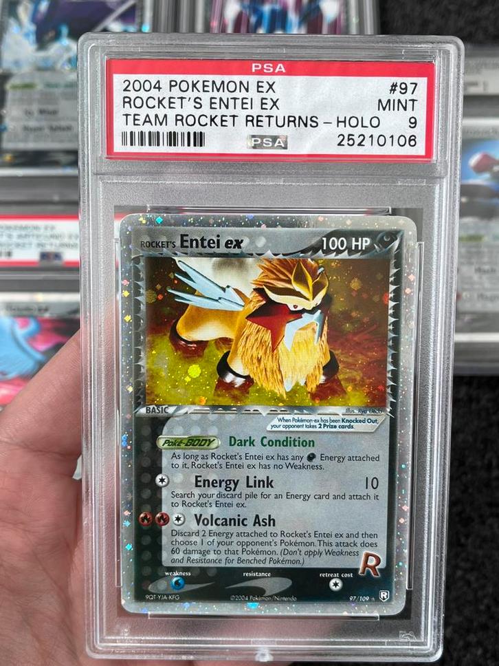 Pokémon PSA 9 Entei ex #97 Team Rocket Returns, Hobby en Vrije tijd, Verzamelkaartspellen | Pokémon, Zo goed als nieuw, Losse kaart