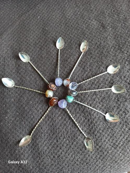 9 edelstenen theelepels, lepeltjes van 10 cm, Antiek en Kunst, Antiek | Bestek, Ophalen of Verzenden