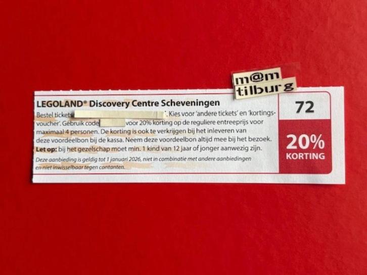 Bon 72 LEGOLAND Discovery Centre Scheveningen, 20% korting, Tickets en Kaartjes, Kortingen en Cadeaubonnen, Drie personen of meer
