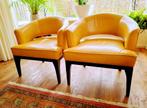 twee lederen fauteuils okergeel, Huis en Inrichting, Fauteuils, Ophalen, Franse stijl, Gebruikt, Minder dan 75 cm