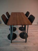 Bartafel met 4 leren barkrukken - in hoogte verstelbaar, Ophalen, Gebruikt, In hoogte verstelbaar, 60 tot 90 cm