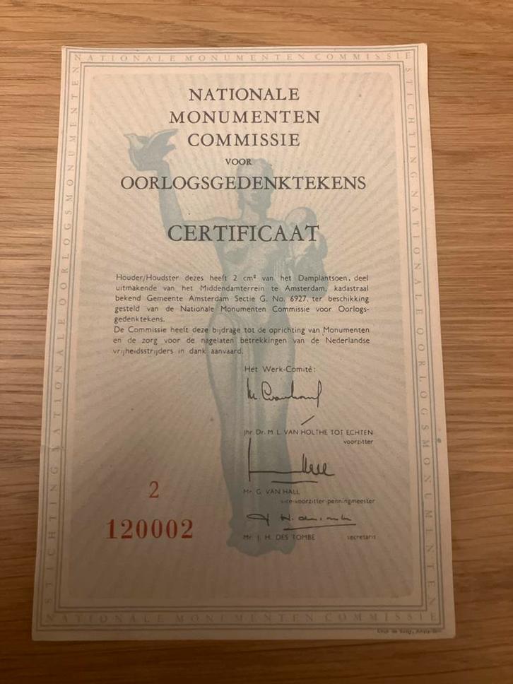 WOII Certificaat Nationale Monumenten Commissie, Verzamelen, Overige Verzamelen, Ophalen of Verzenden